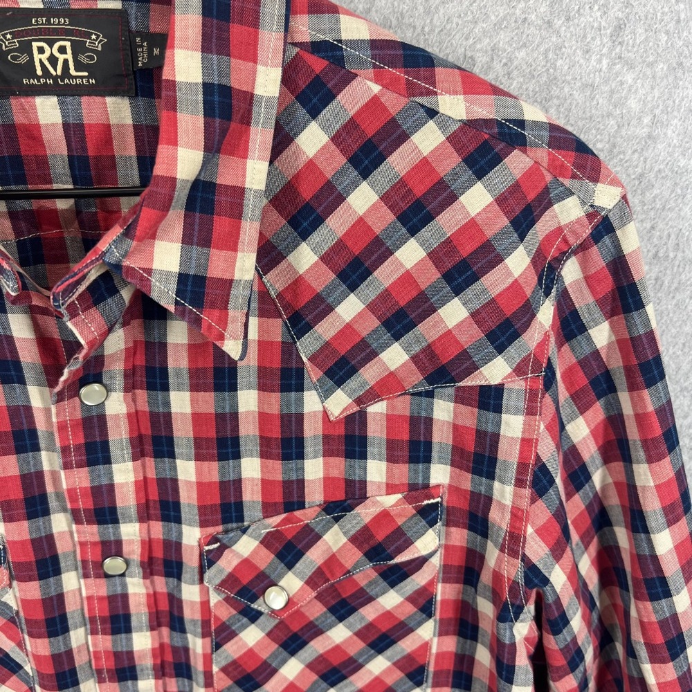 Double RL RRL Western Shirt Mens M Red Plaid Pearl Snap Long Sleeve Cotton EUC - Picture 2 of 10